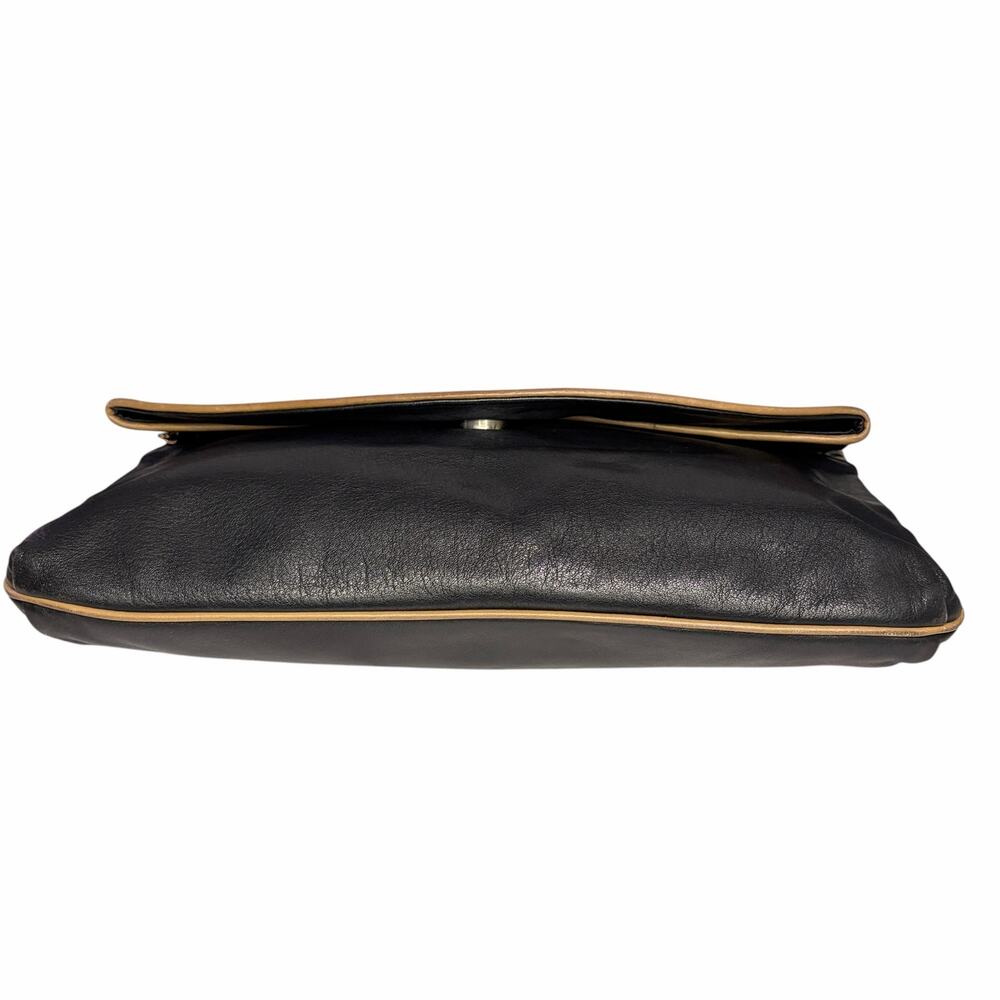 Vintage Celine Black Leather Foldover Clutch Tan Crest Logo Gold Hardware - Picture 12 of 12